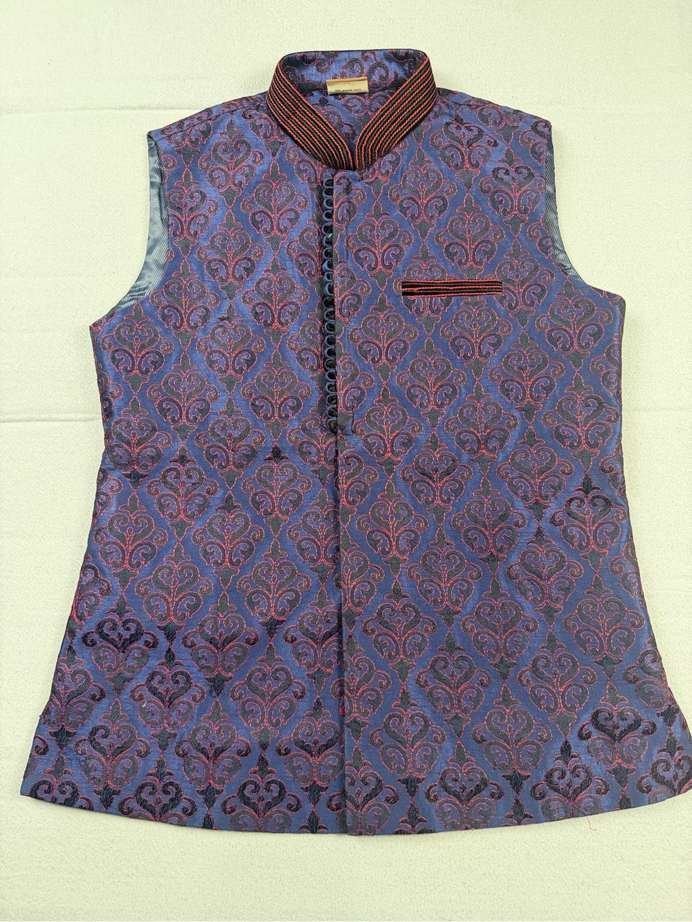Manyavar Men's Sleeveless Nehru Vest in Purple with Pink Pattern